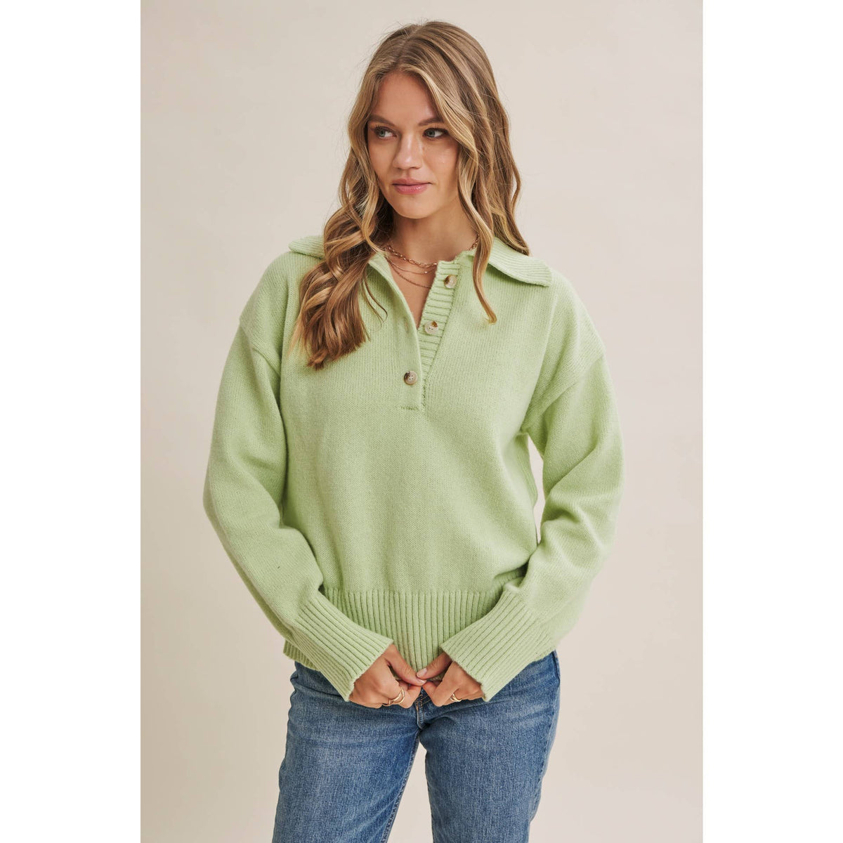 in february - MORNING LIGHT UPLIFTING SOFT PASTEL POLO SWEATER TOP: BUTTER YELLOW / M