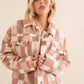 Checkered Teddy Chest Pocket Oversized Jacket: PINK