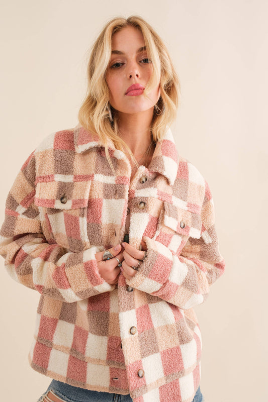 Checkered Teddy Chest Pocket Oversized Jacket: PINK