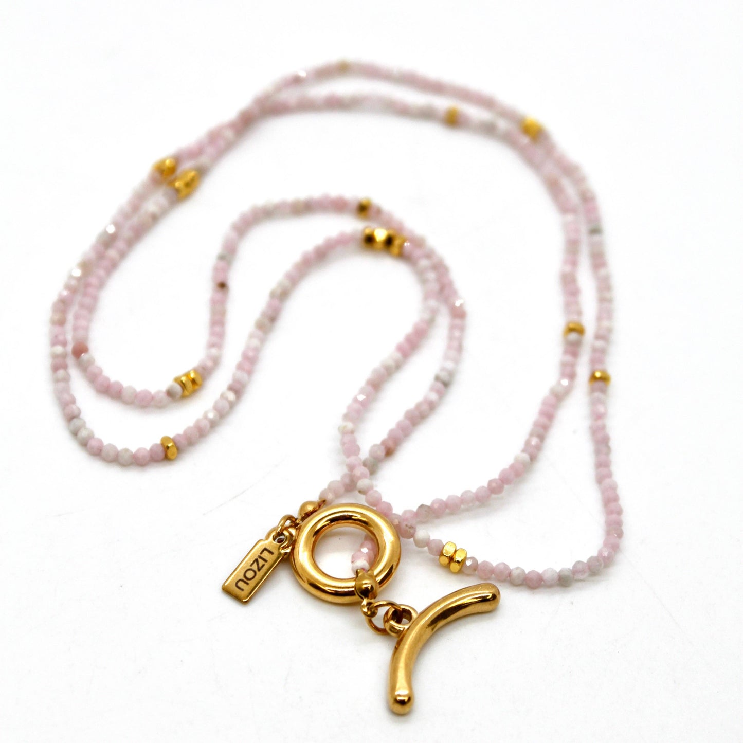 Long Pink Opal Stone and Gold Luxury Necklace