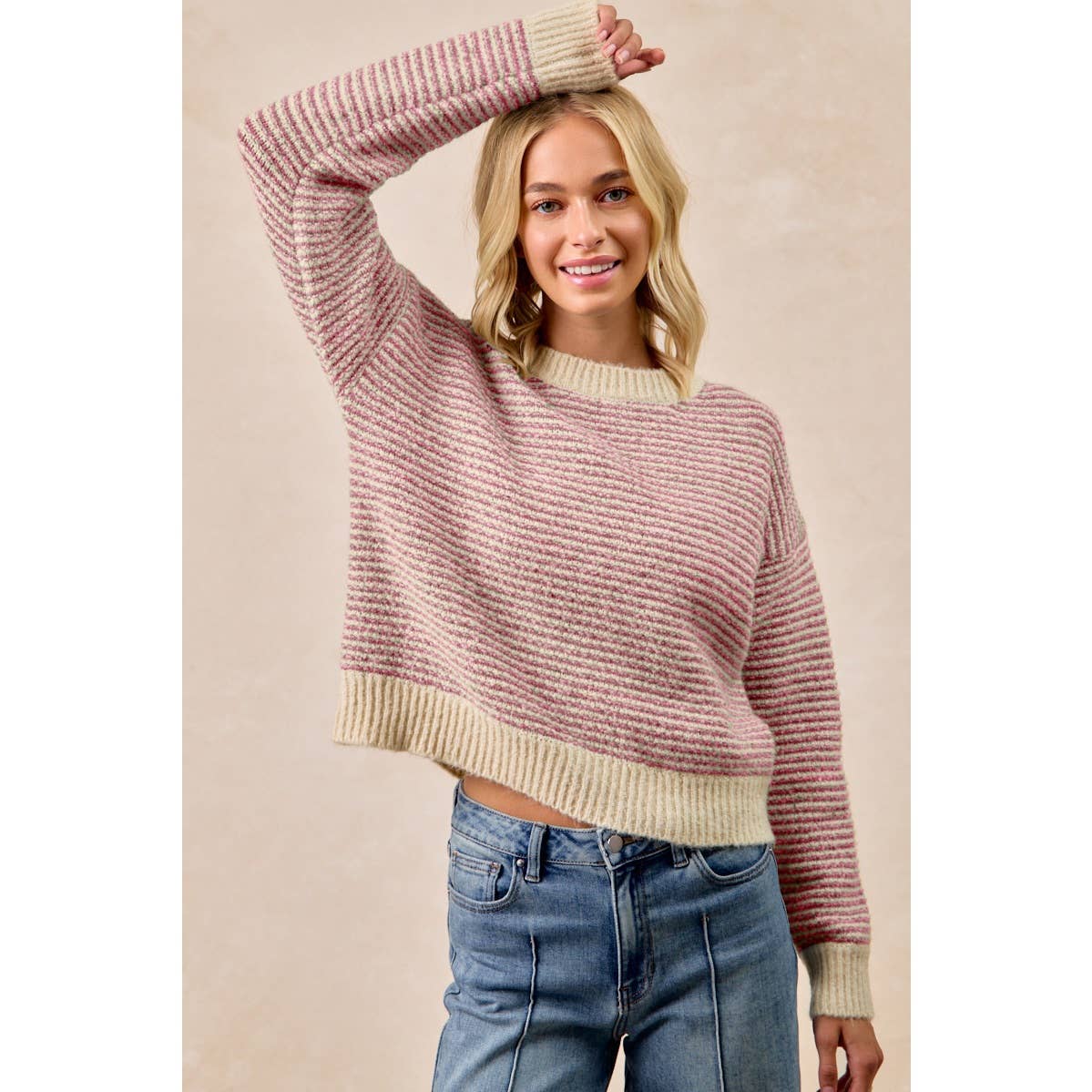 BiBi - TWO TONE STRIPED SWEATER TOP: CHARCOAL / L