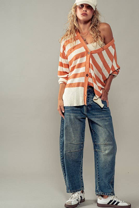 Cozy and Free Striped Cardigan: TAUPE/BLACK