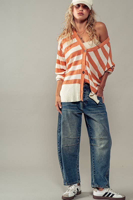 Cozy and Free Striped Cardigan: BURNT SIENNA/CREAM