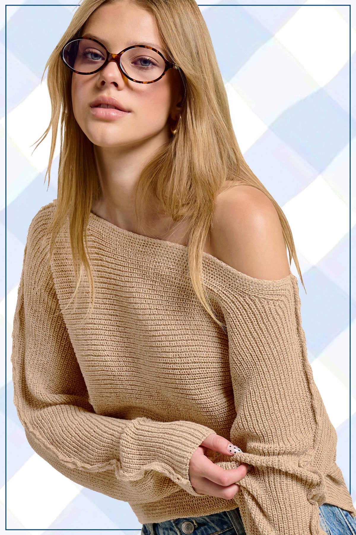 La Miel - JDS3608-Boat Neck Off Shoulder Dolman Sleeve Sweater Fall: Denim / S
