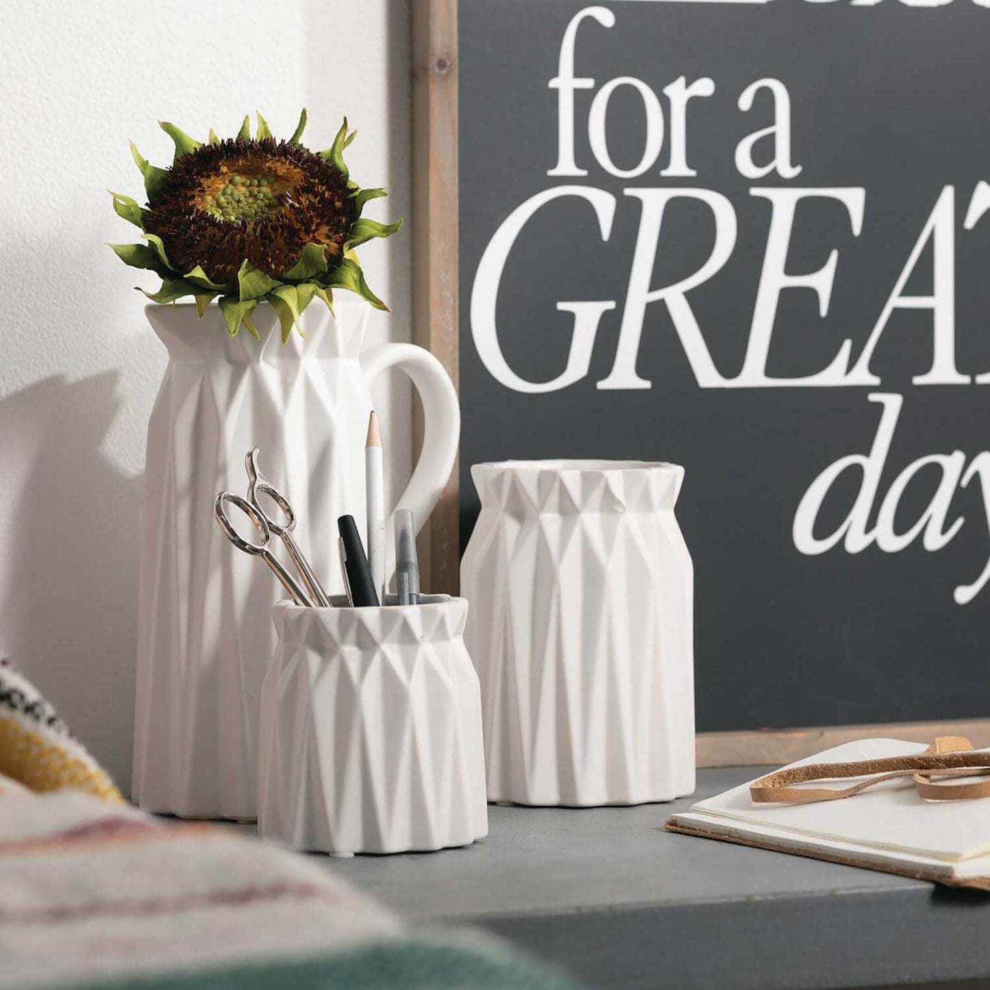 Geometric White Vase Decor:  Set of 2