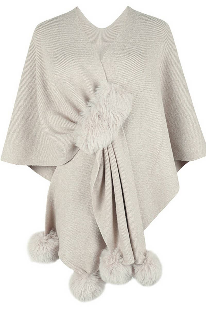NINEXIS - CWOCAS0052_SOLID COLOR WOOL BALL CAPE KNITTED SHAWL: BLACK / (OS) 1