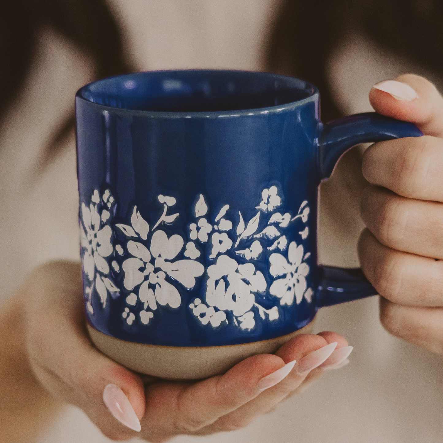 Mug: Blue Floral Stoneware Coffee Mug