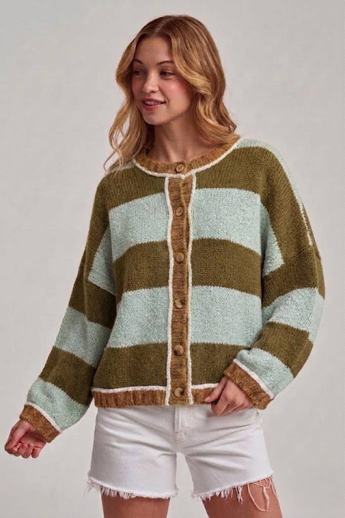 BON - WIDE STRIPE EVERYDAY COZY FALL SWEATER CARDIGAN_JLT00445-01: BLUE/BROWN / S-M-L(2-2-2)