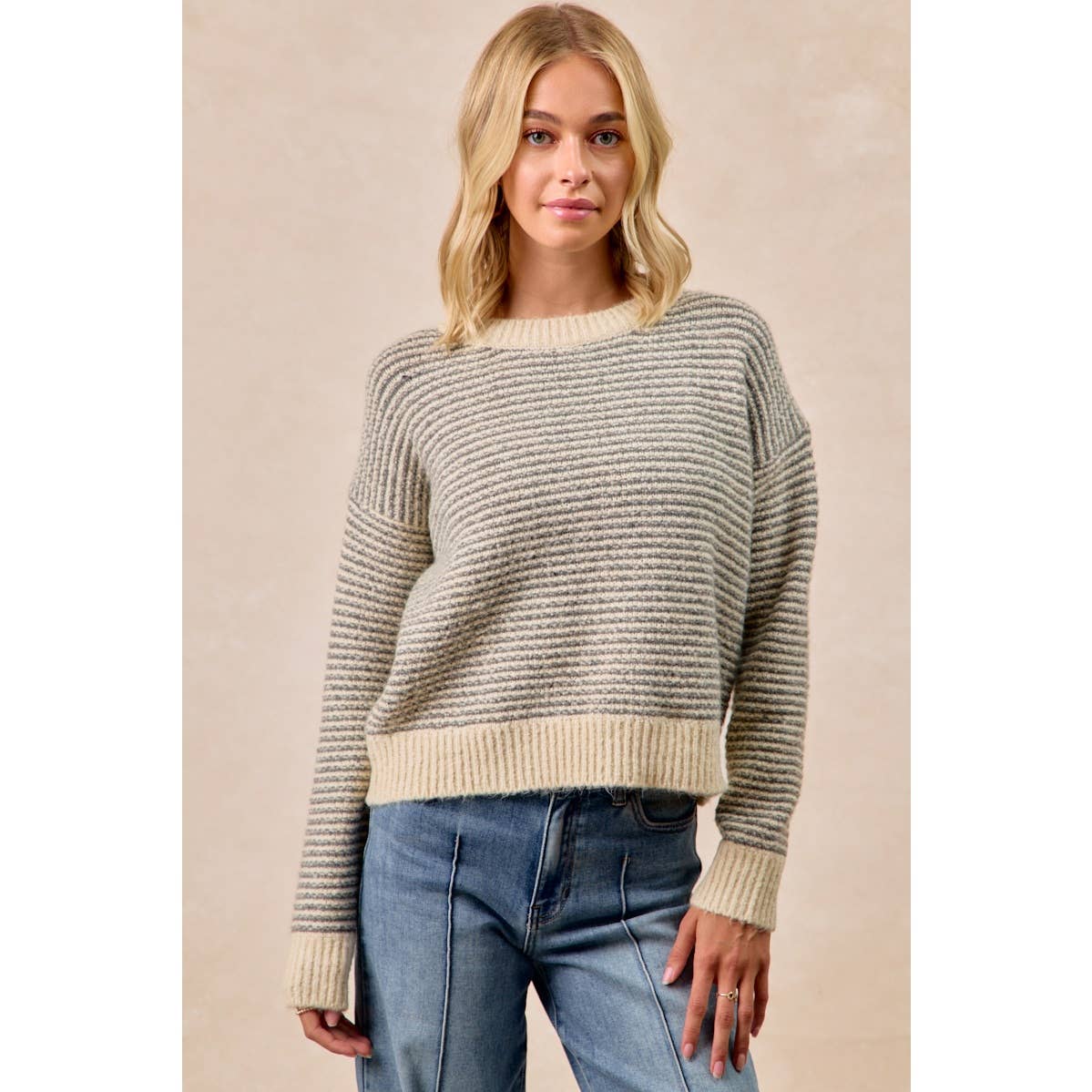 BiBi - TWO TONE STRIPED SWEATER TOP: CHARCOAL / XL