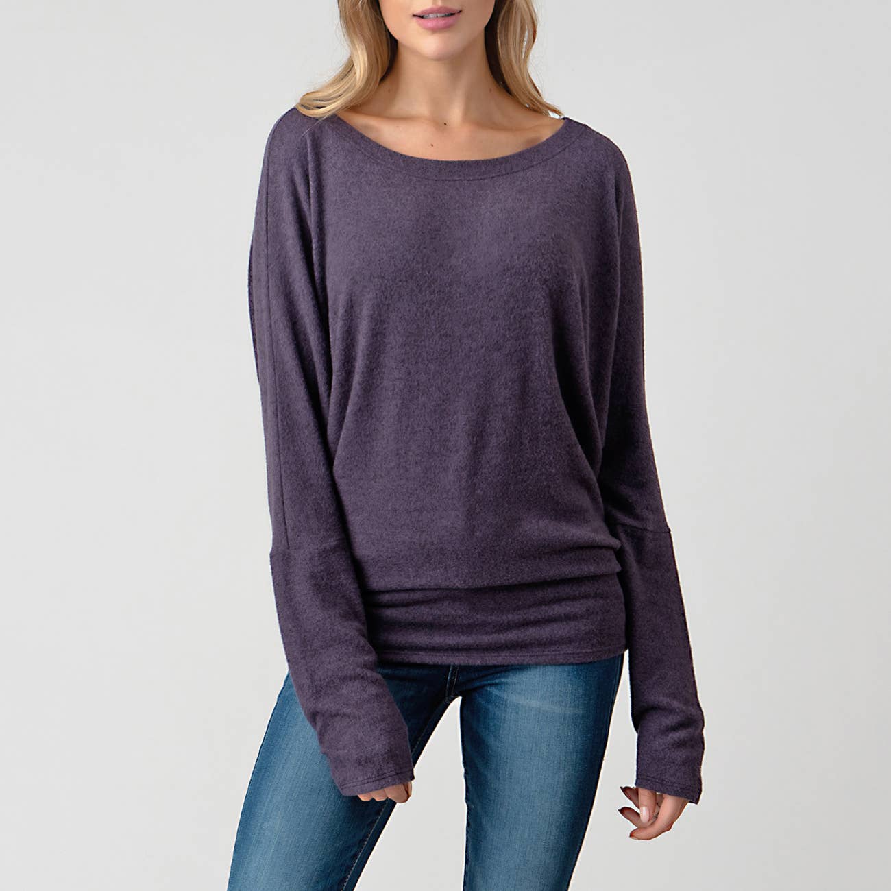 Heimious - Long Dolman Sleeve Round Neck Brushed Knit Top, 2739: Navy / S