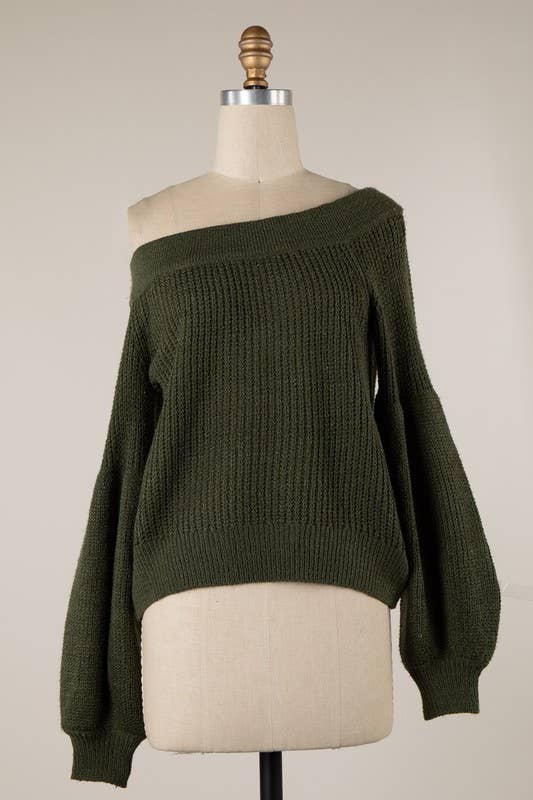 Off Shoulder Puff Sleeve Cable Knit Sweater: Olive