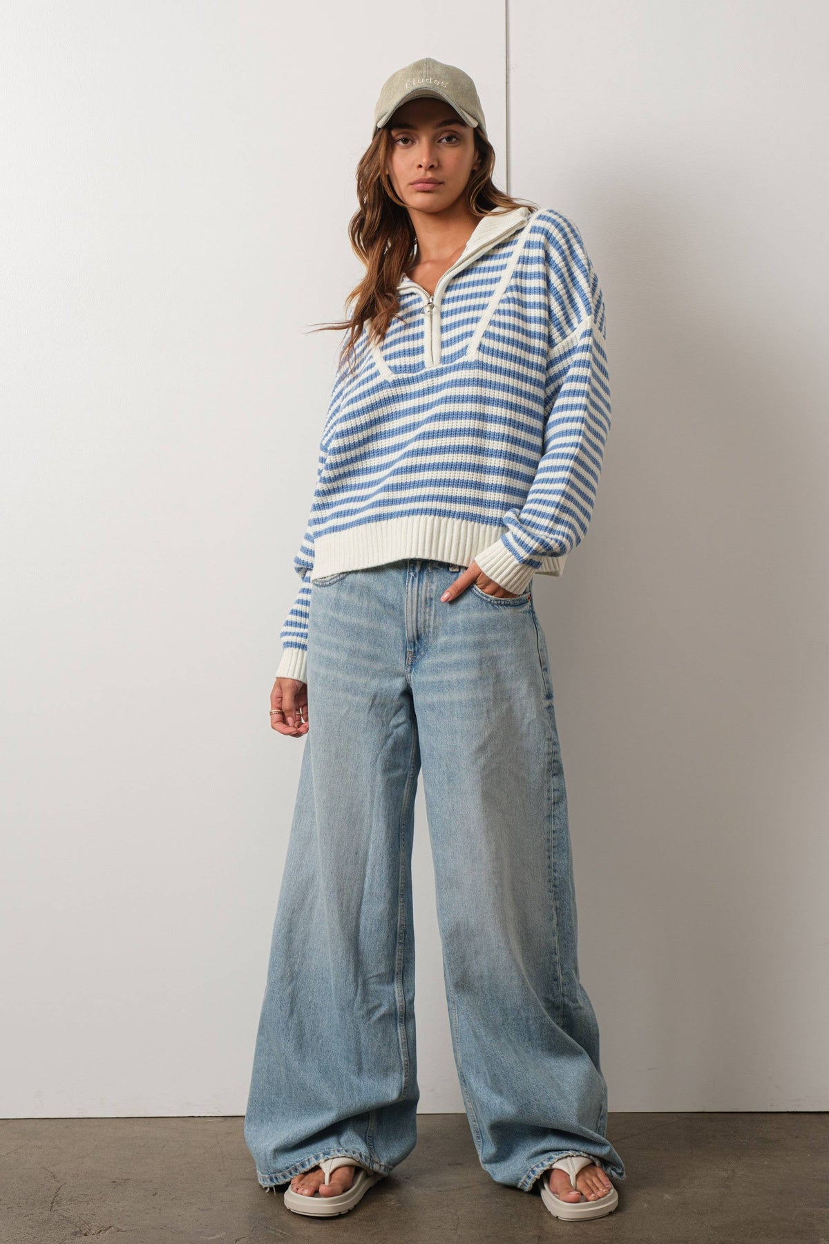 Creamon - Preppy Californian Half-zip Striped Sweater-BLUE: BLACK / S