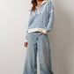 Creamon - Preppy Californian Half-zip Striped Sweater-BLUE: BLACK / M