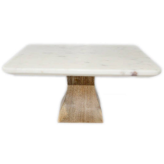 White Marble Square Cake Plate W/Mango Wood Base- Medium