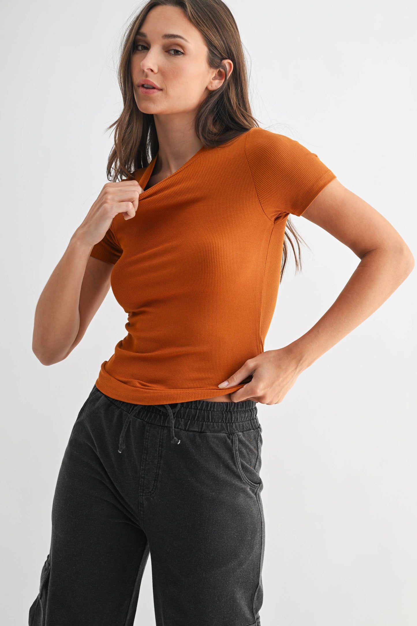 Mono B - Essential Short-Sleeved Micro-Ribbed Athleisure Top: DEEP FOREST / S:M:L (2:2:2)