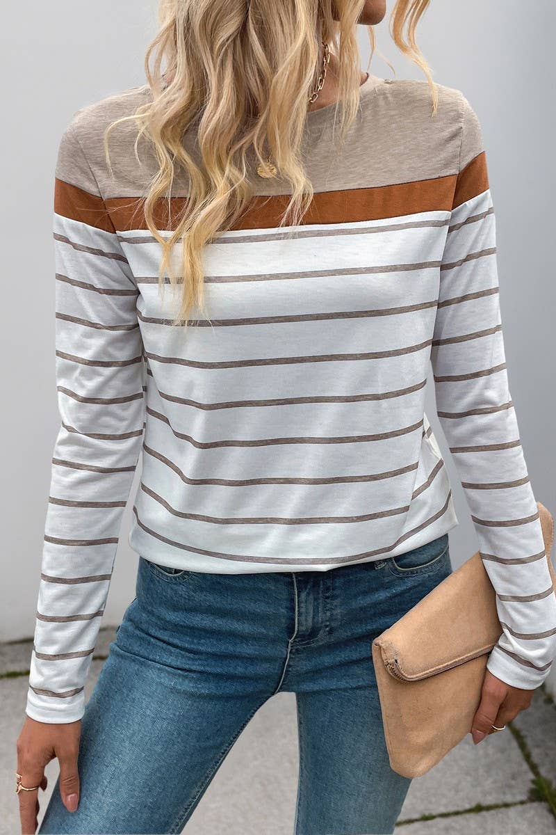 NINEXIS - CWTBLL4033_VINTAGE CASUAL STRIPED LONG SLEEVE TEE: KHAKI / (S) 1
