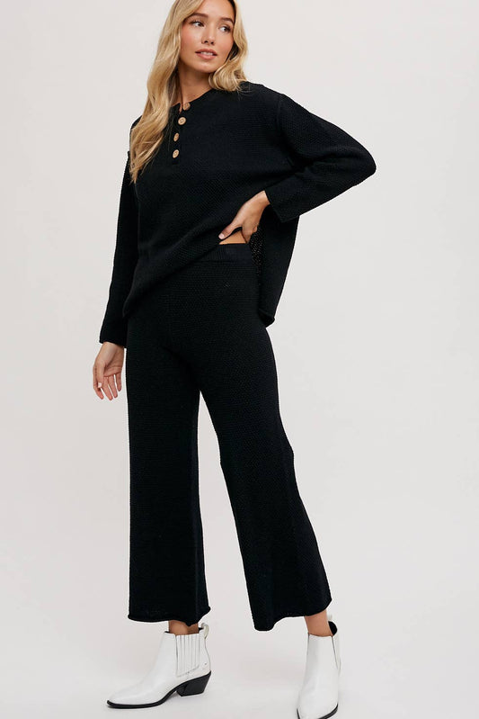 Textured Knit Top & Pants Set: BLACK