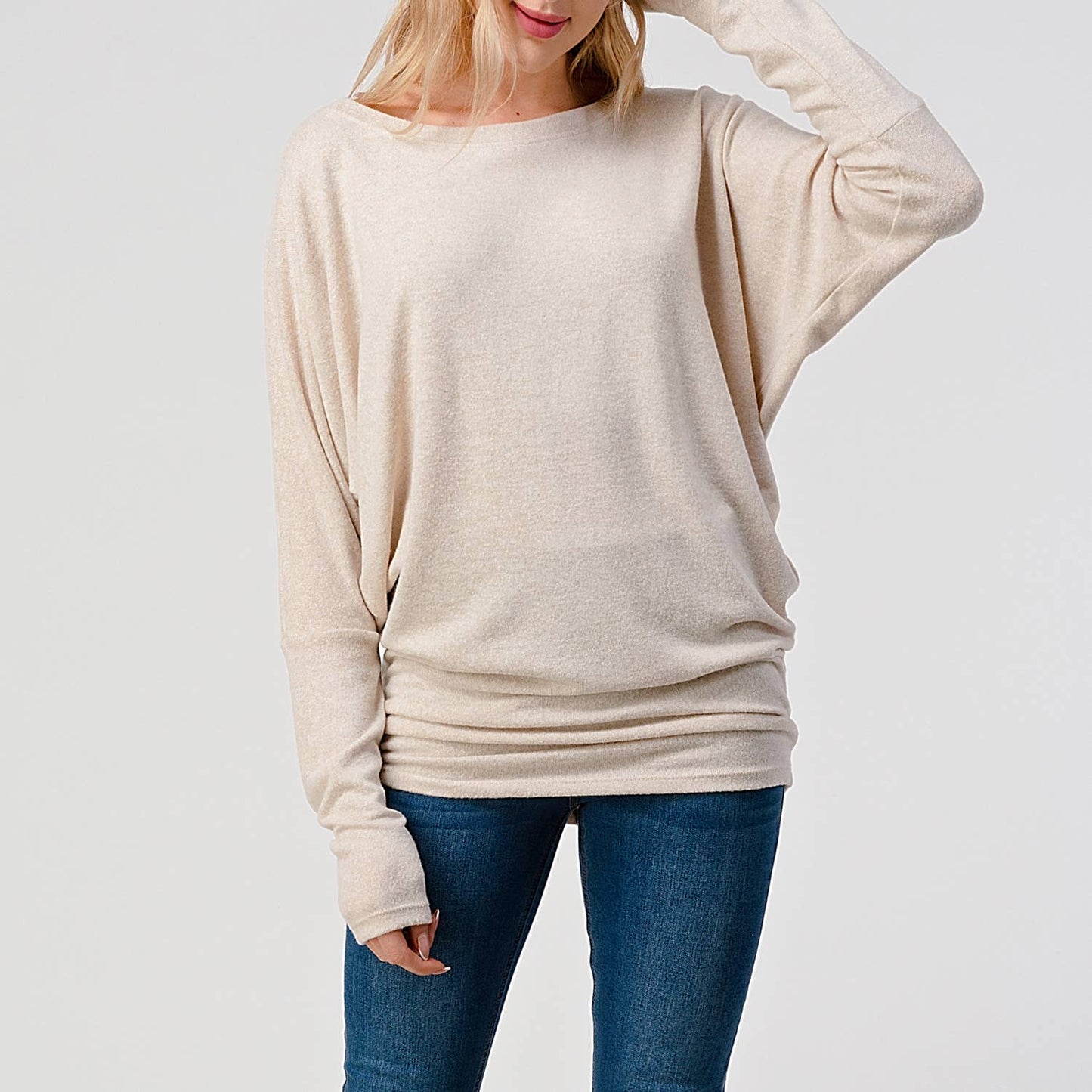 Heimious - Long Dolman Sleeve Round Neck Brushed Knit Top, 2739: Navy / S