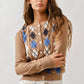 Aaron & Amber - AJT5092 RELAXED FIT ARGYLE SWEATER CARDIGAN: TAUPE / M