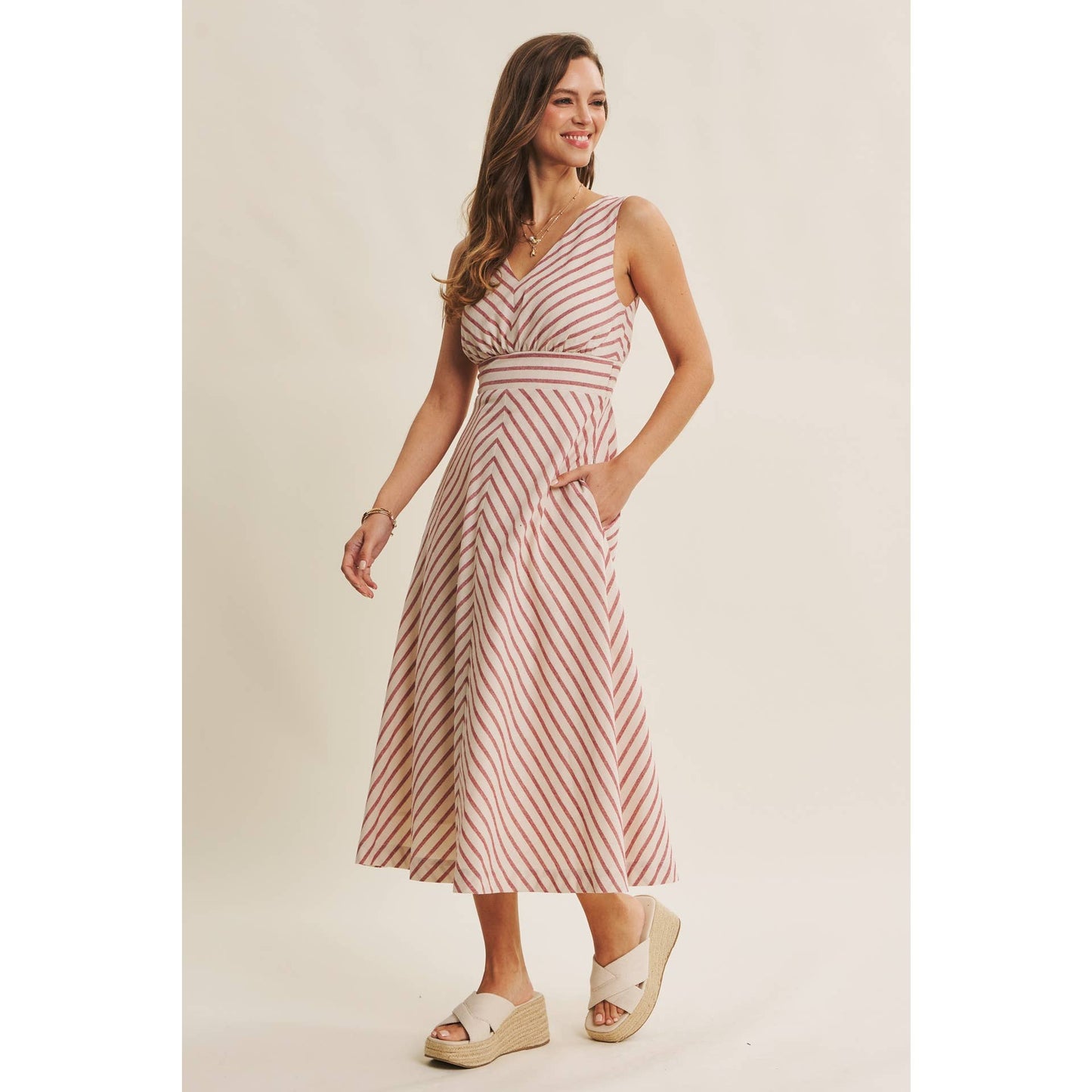 in february - SOFT-GLOW COTTON BLEND LUREX STRIPE FIT AND FLARE MIDI DRESS: RED / L