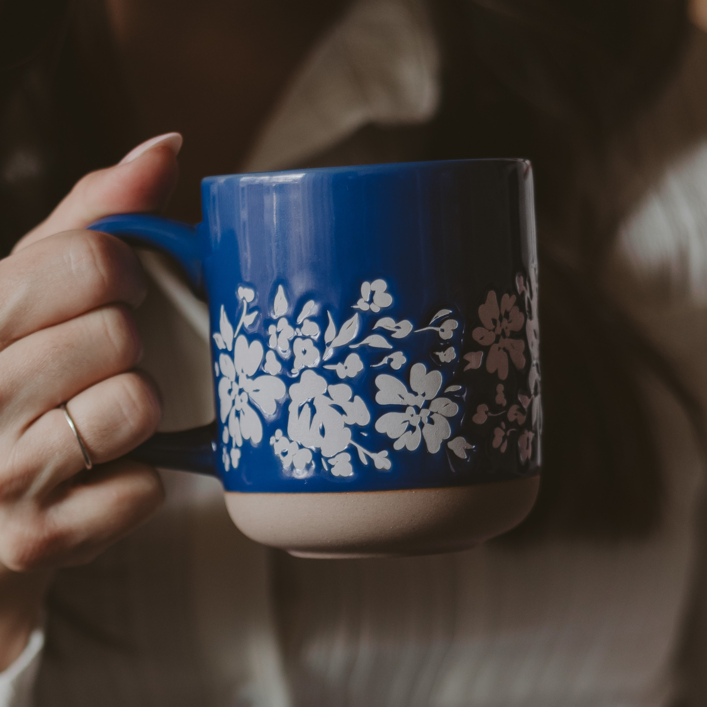 Mug: Blue Floral Stoneware Coffee Mug