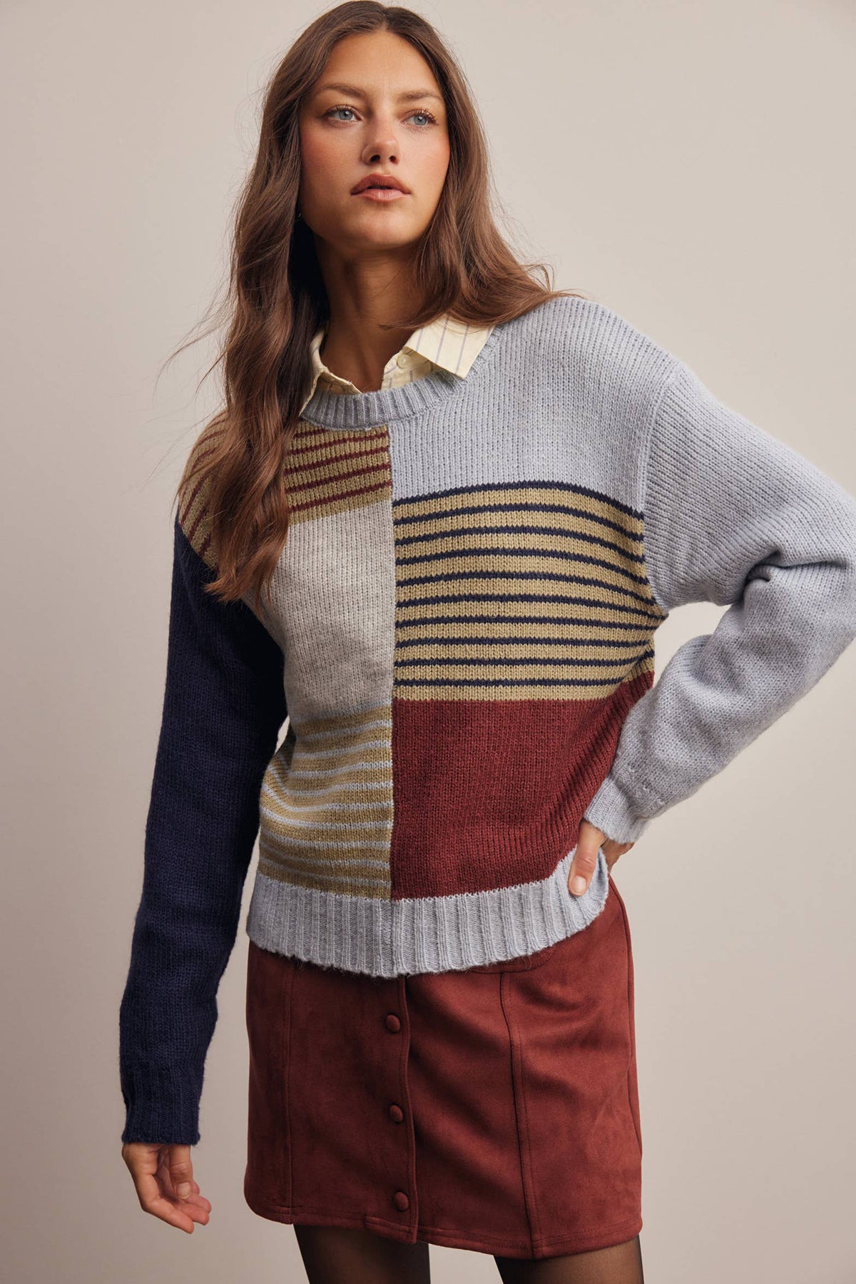 Forte - Colorblock Mixed Stripe Knit Sweater FSW0099: Blue Multi / Contemporary / S