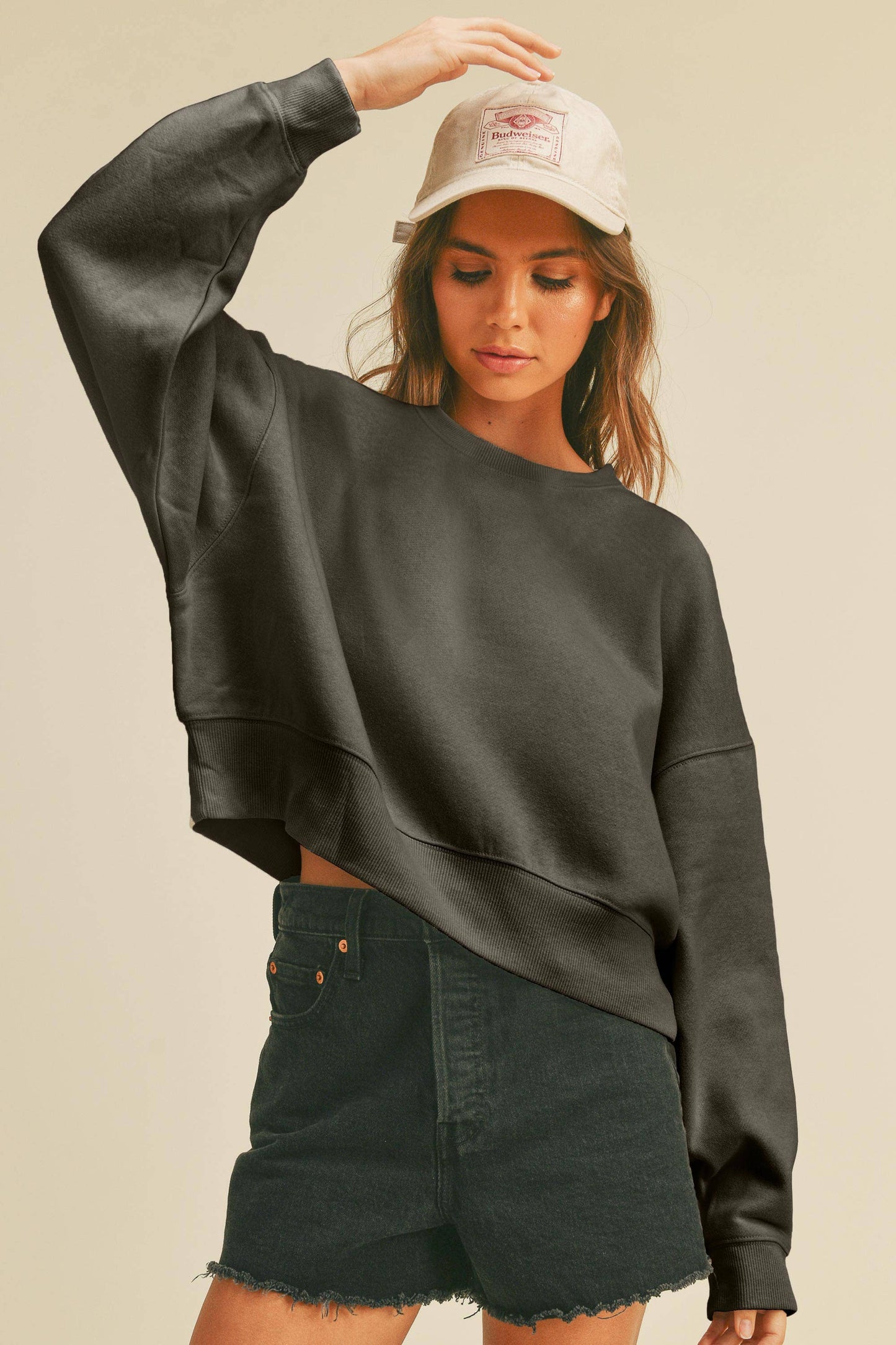 Honestee - Blank Short Cropped Long Sleeve Sweatshirt: OLIVE / XL
