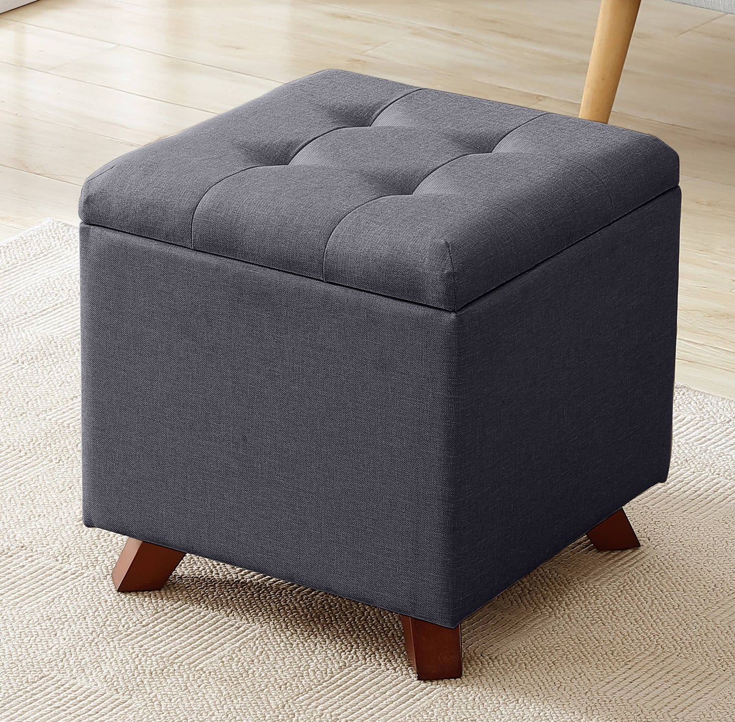 Tufted Square Storage Ottoman with Lift Off Lid: Linen Beige