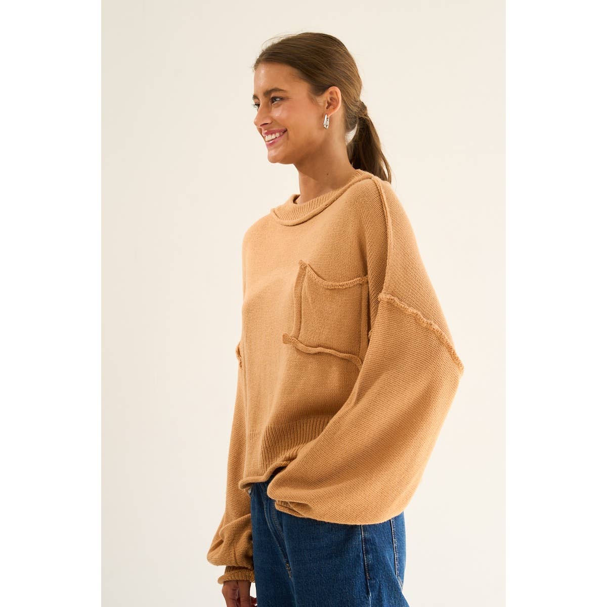 The GREii - Exposed Seam Knit Sweater: CAMEL / L