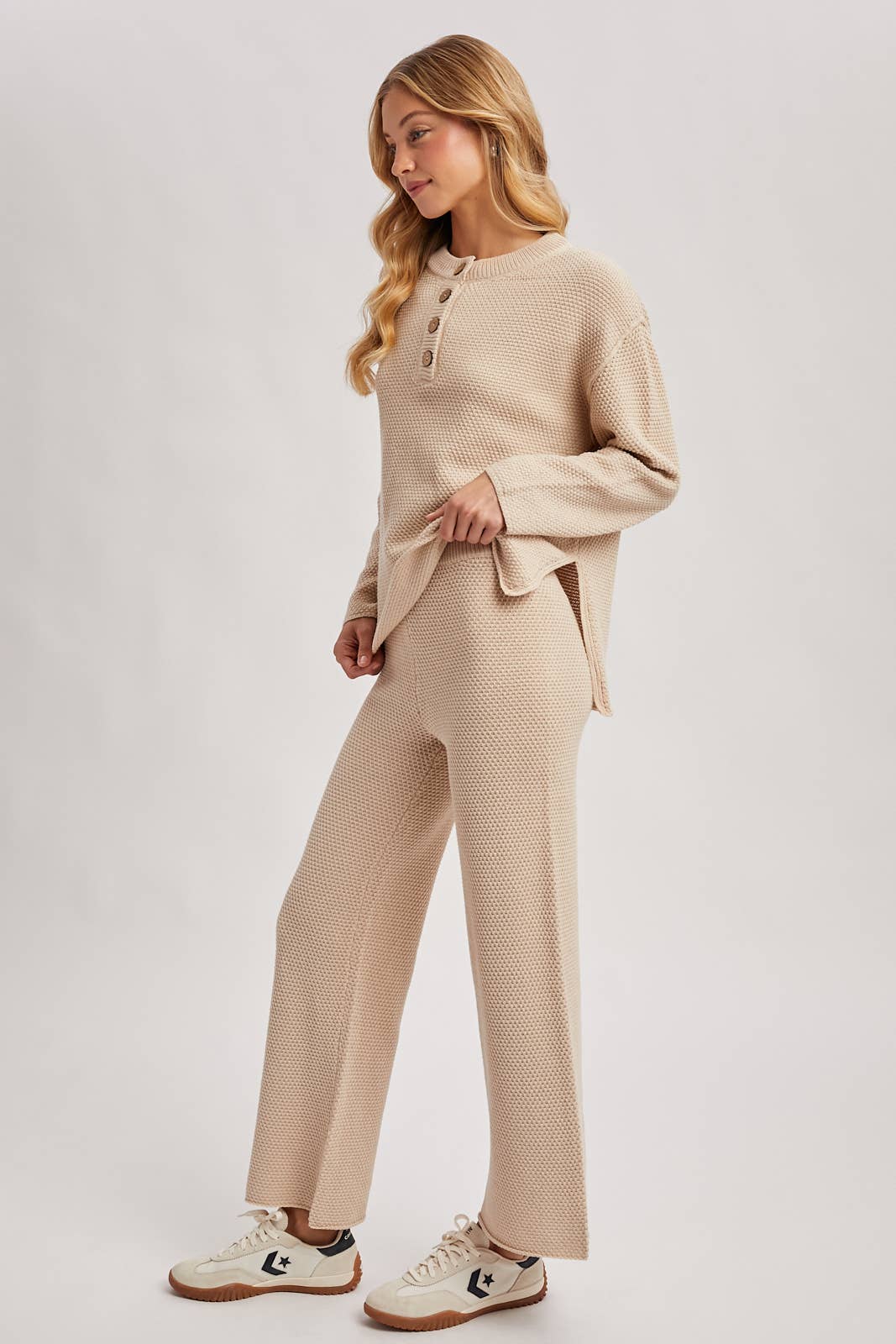 Textured Knit Top & Pant Set: OATMEAL