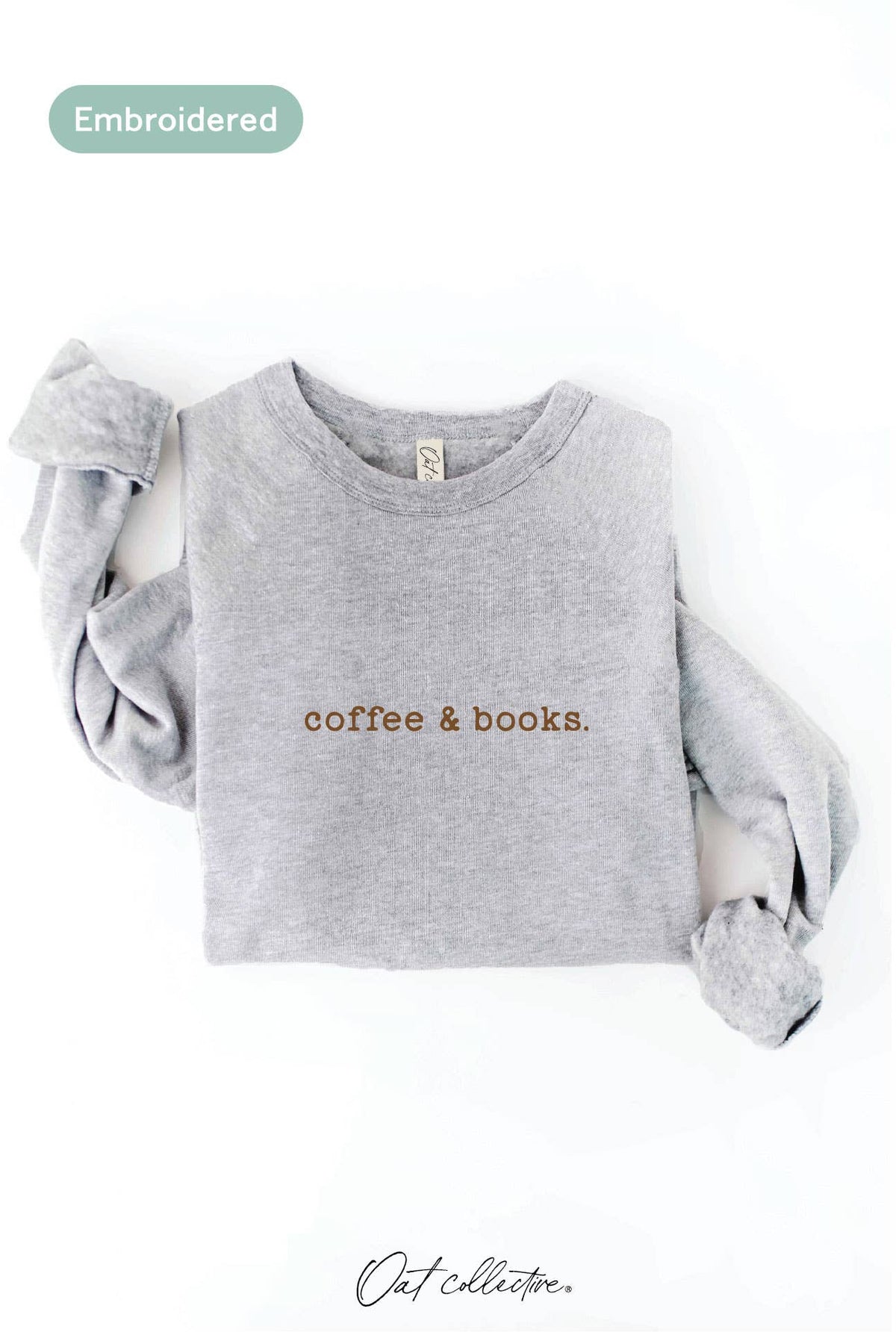 OAT COLLECTIVE - EMBROIDERED COFFEE AND BOOKS Sweatshirt Pullover Relaxed Fit: VINTAGE WHITE LONG SLEEVE / XL