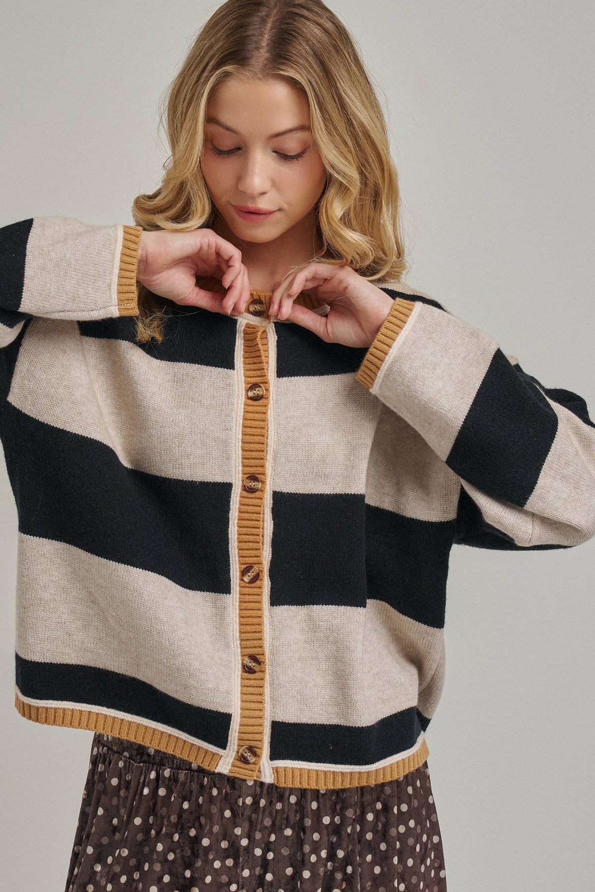 BON - WIDE STRIPE EVERYDAY COZY FALL SWEATER CARDIGAN_JLT00445-01: BLUE/BROWN / S-M-L(2-2-2)