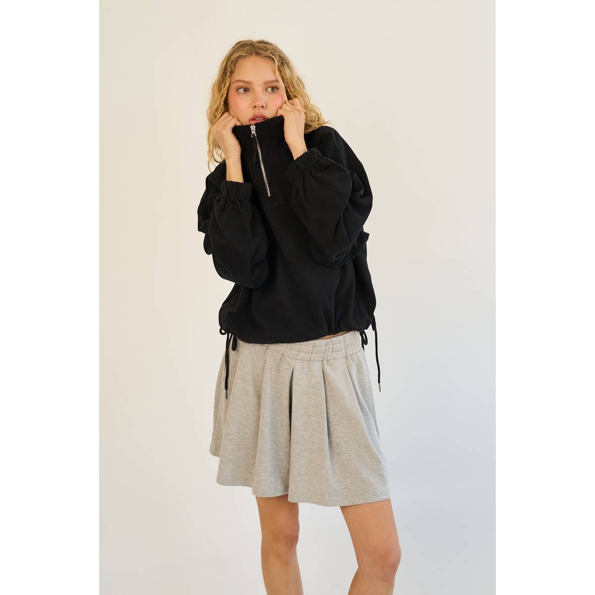 The GREii - Premium Terry Half-Zip Pullover with Adjustable Drawstring H: BLACK / L