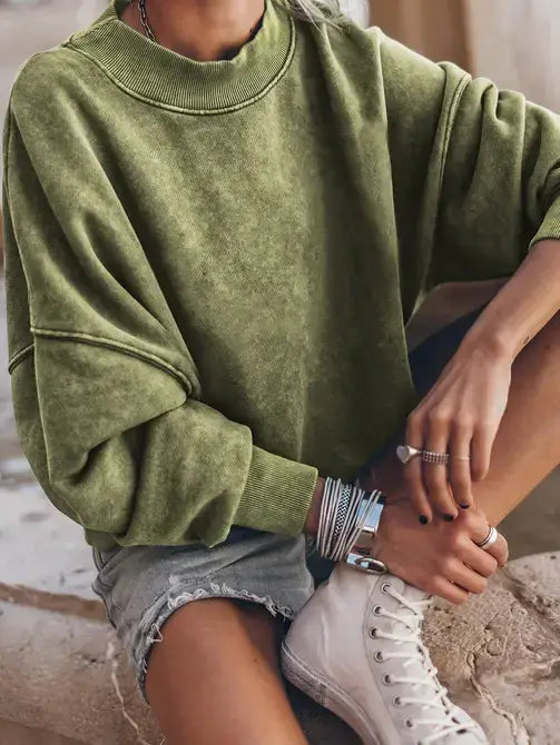 Lovesoft - Green Drop Shoulder Crew Neck Pullover Sweatshirt: Brown / 75%Polyester+25%Cotton / XL