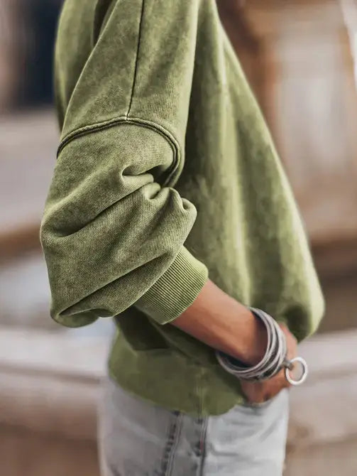 Lovesoft - Green Drop Shoulder Crew Neck Pullover Sweatshirt: Brown / 75%Polyester+25%Cotton / S