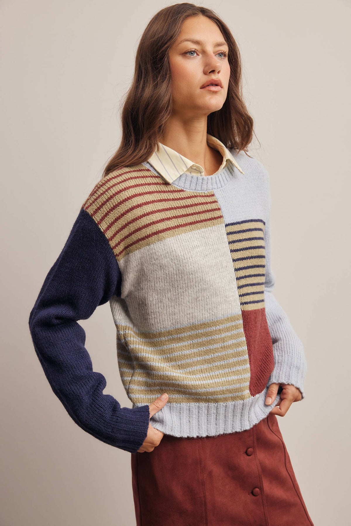 Forte - Colorblock Mixed Stripe Knit Sweater FSW0099: Blue Multi / Contemporary / S