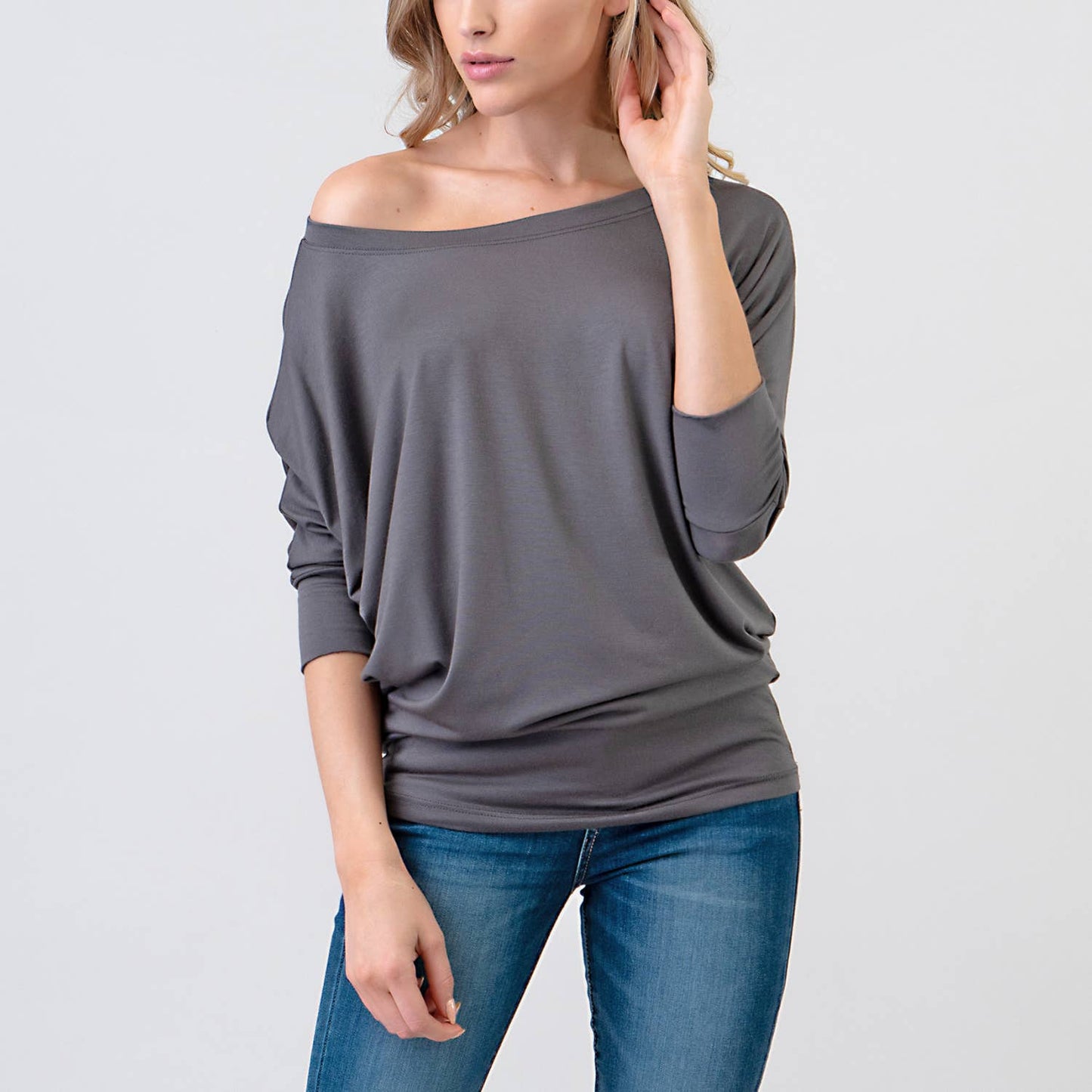 Heimious - 3/4 Dolman Sleeve Round neck Modal Jersey  Top, 2503: White / L