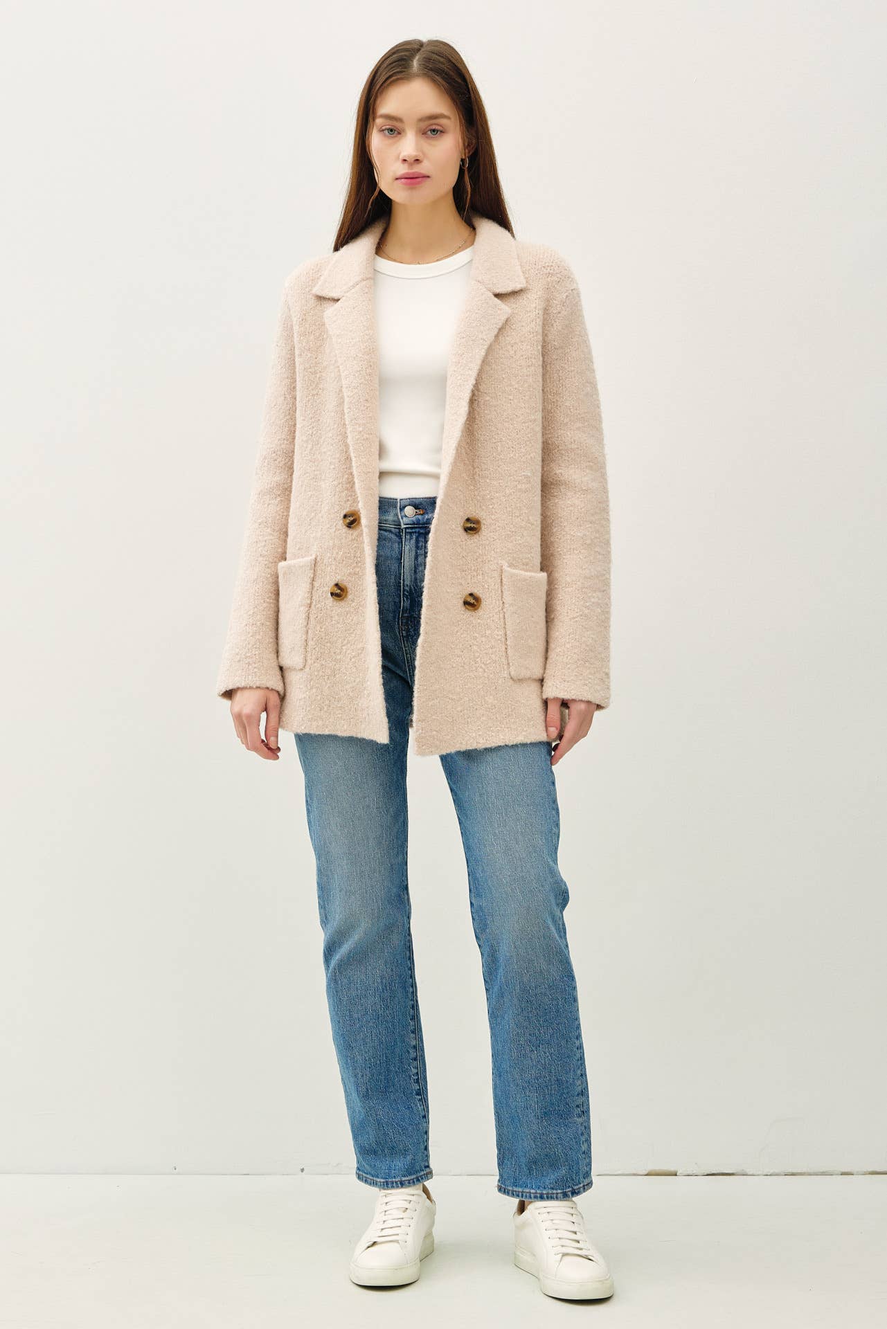 Textured Notched Collar Faux Double-Breasted Coat: Blush Beige