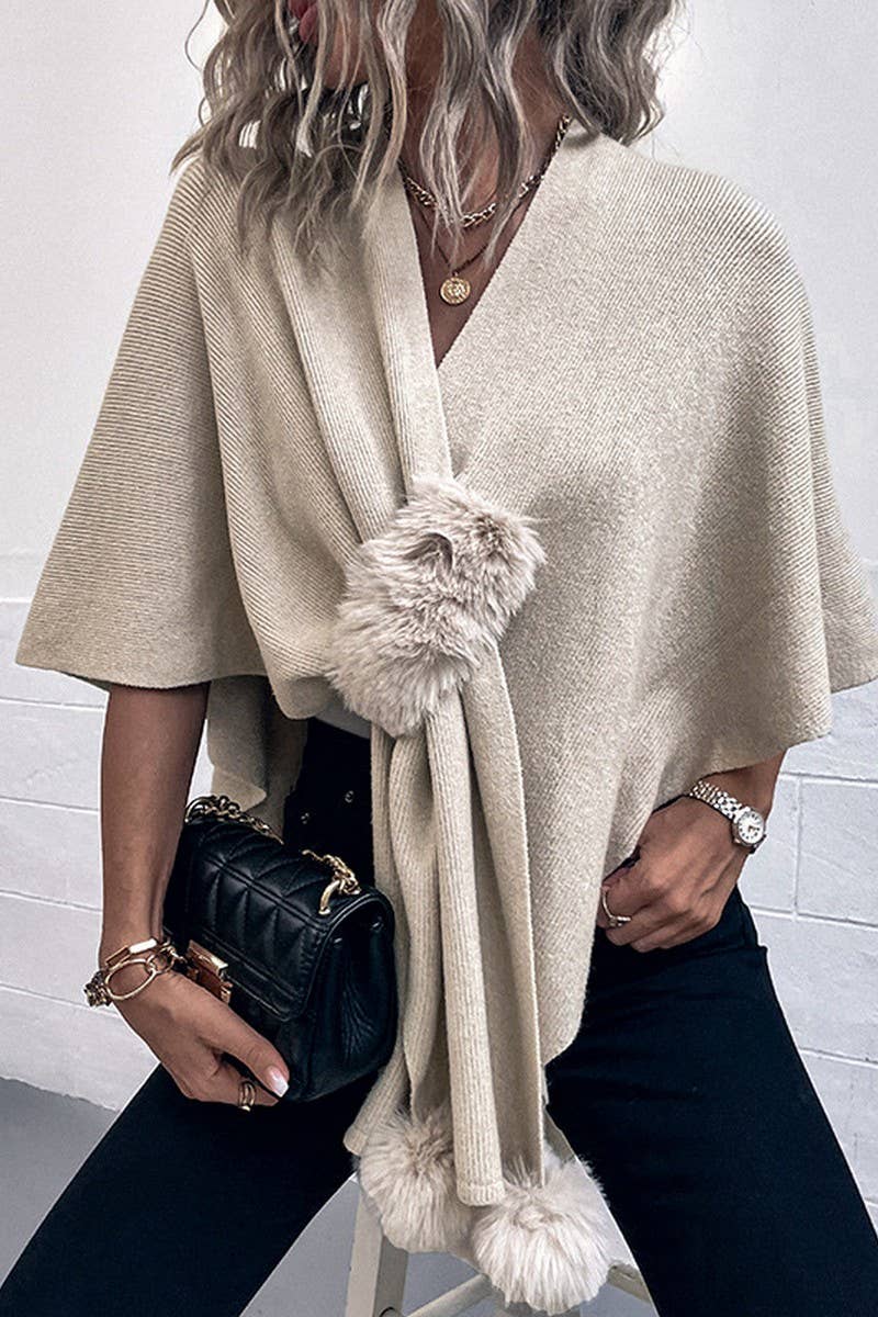 NINEXIS - CWOCAS0052_SOLID COLOR WOOL BALL CAPE KNITTED SHAWL: BLACK / (OS) 1