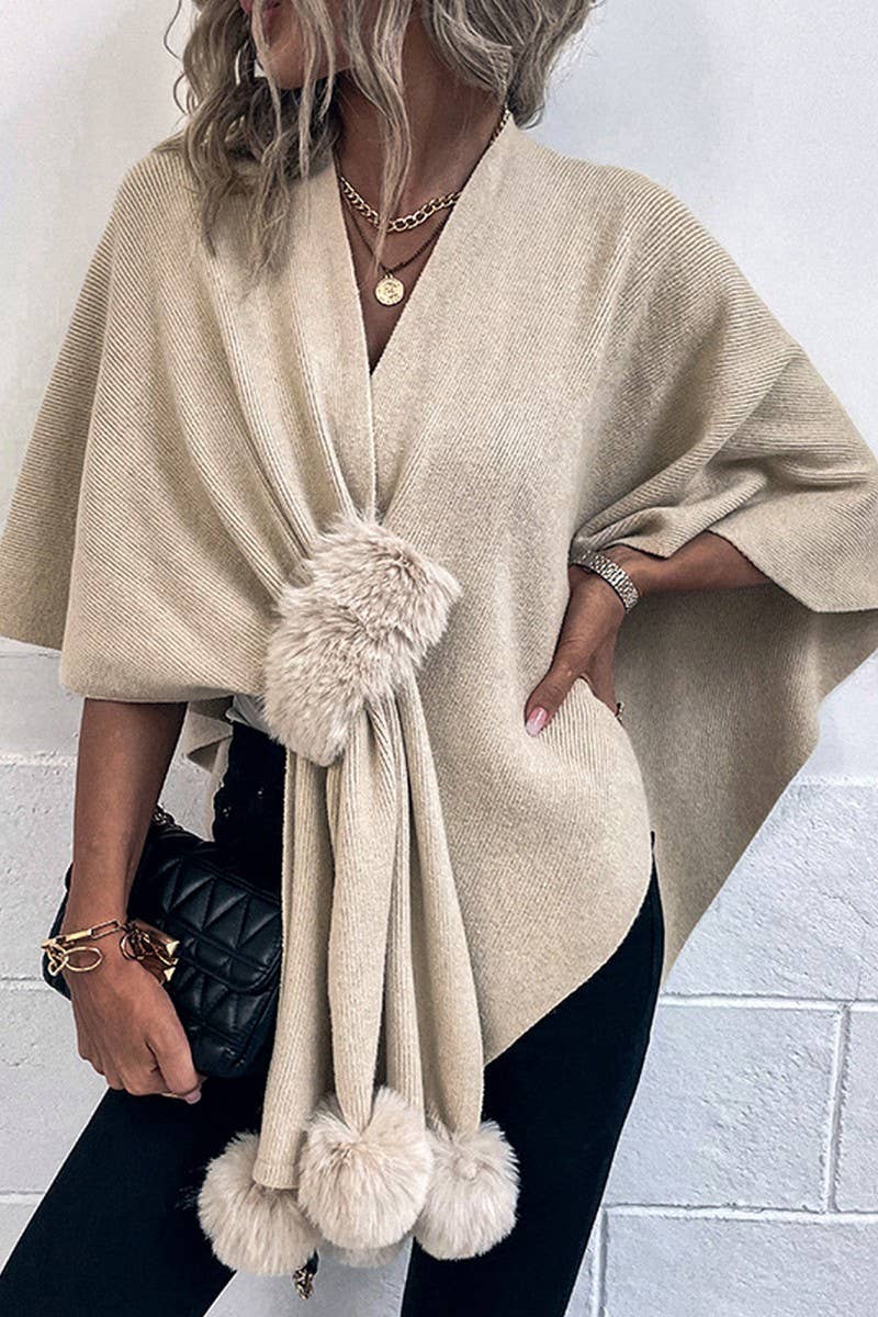 NINEXIS - CWOCAS0052_SOLID COLOR WOOL BALL CAPE KNITTED SHAWL: BLACK / (OS) 1