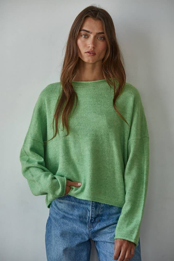 By Together - W2114 | Knit Sweater Rolled Round Neck Pullover Top: Green / L
