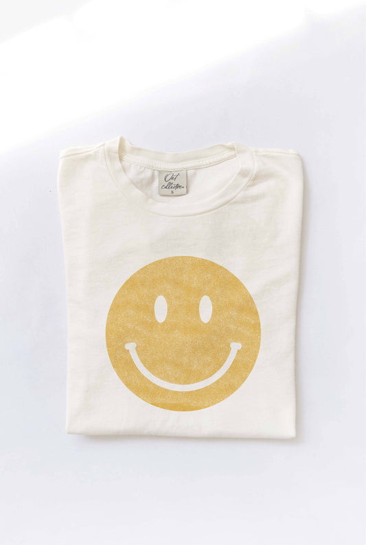 Smiley Face Mineral Washed Graphic Top: Cream