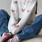 Ladies Color Block Heart Pullover Sweater: WHITE/PINK