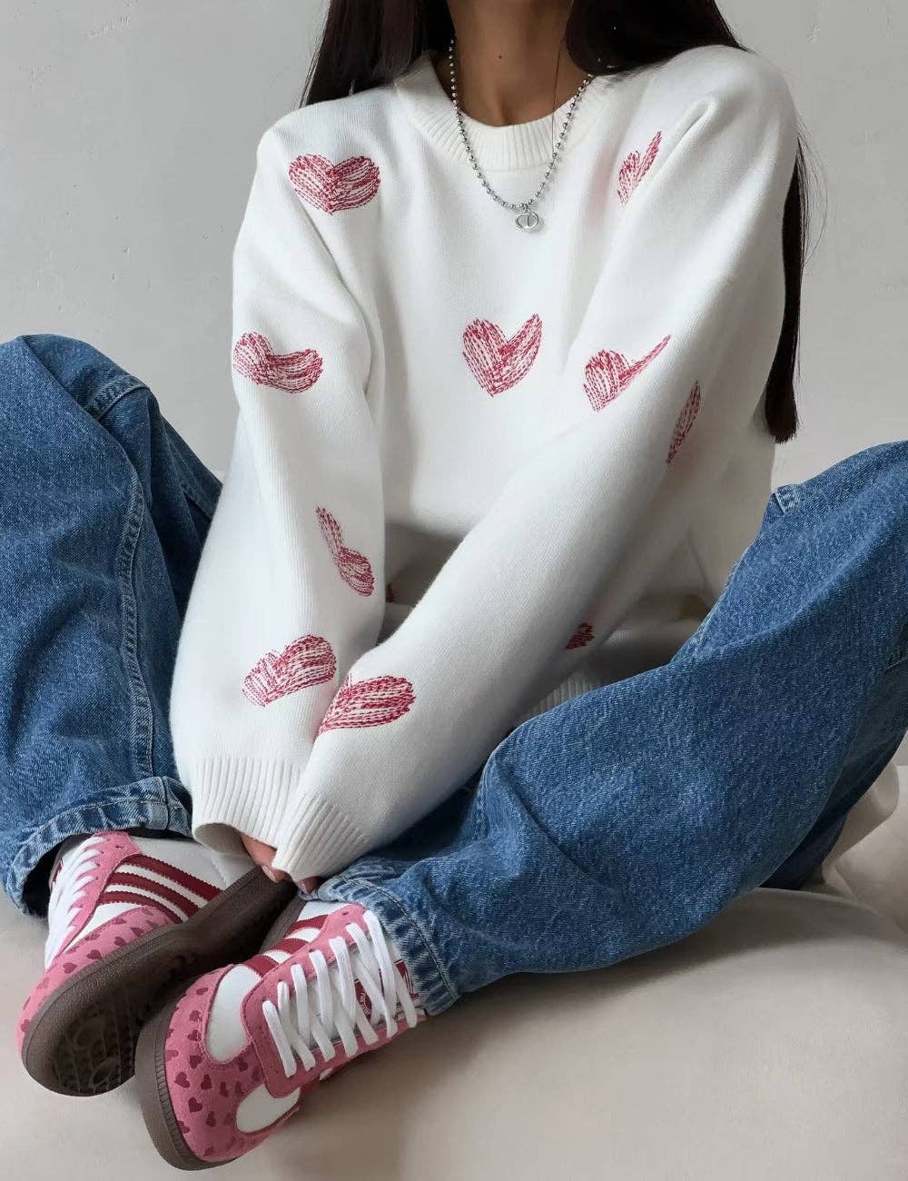 Ladies Color Block Heart Pullover Sweater: WHITE/PINK