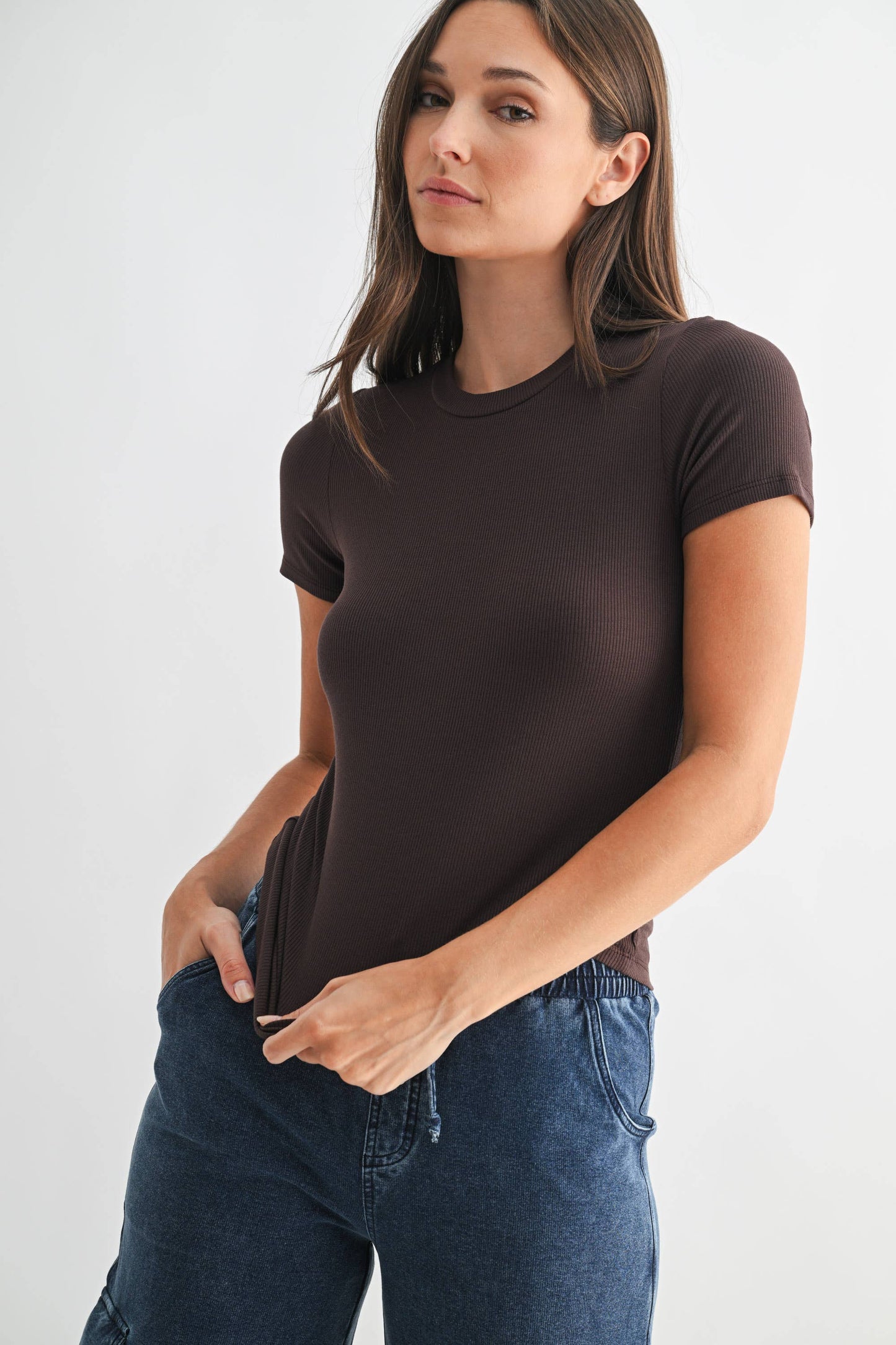 Mono B - Essential Short-Sleeved Micro-Ribbed Athleisure Top: DEEP FOREST / S:M:L (2:2:2)