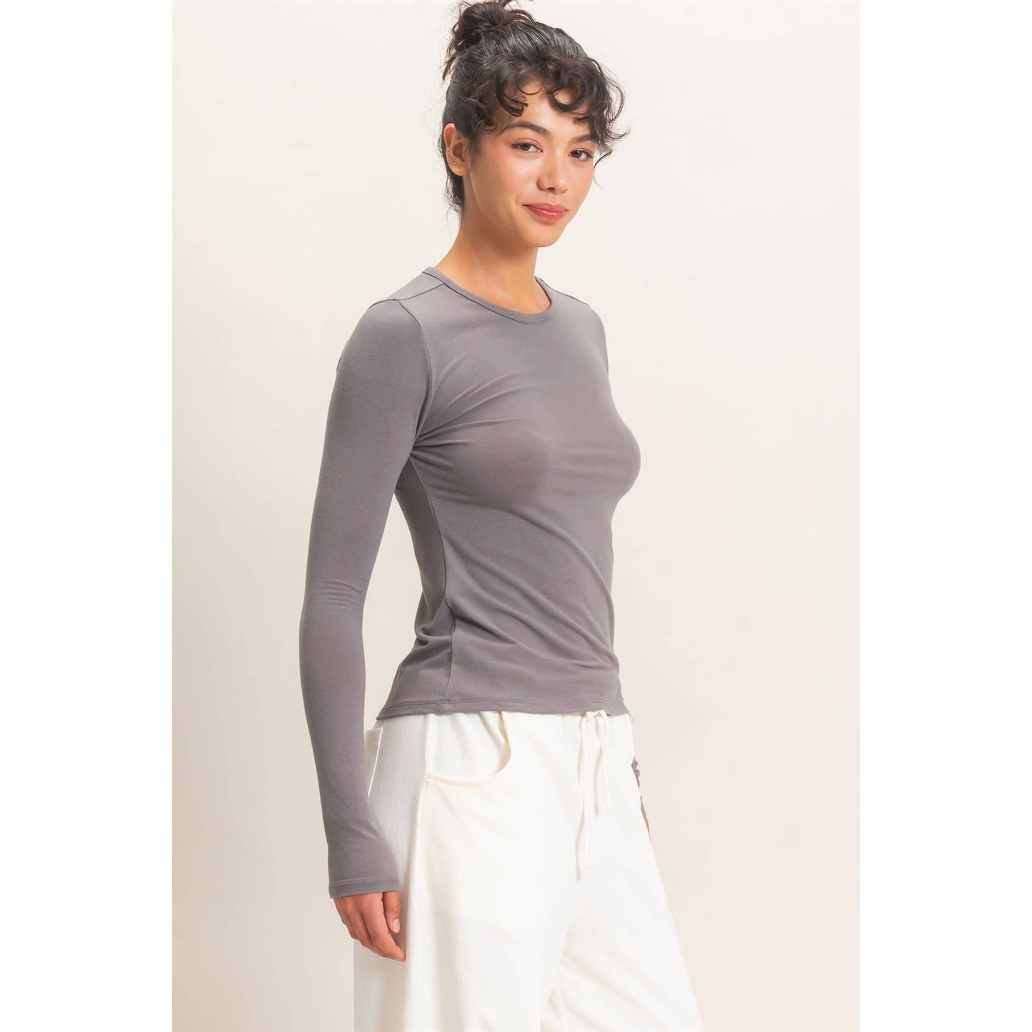 Crew Neck Long Sleeve Top: CHARCOAL