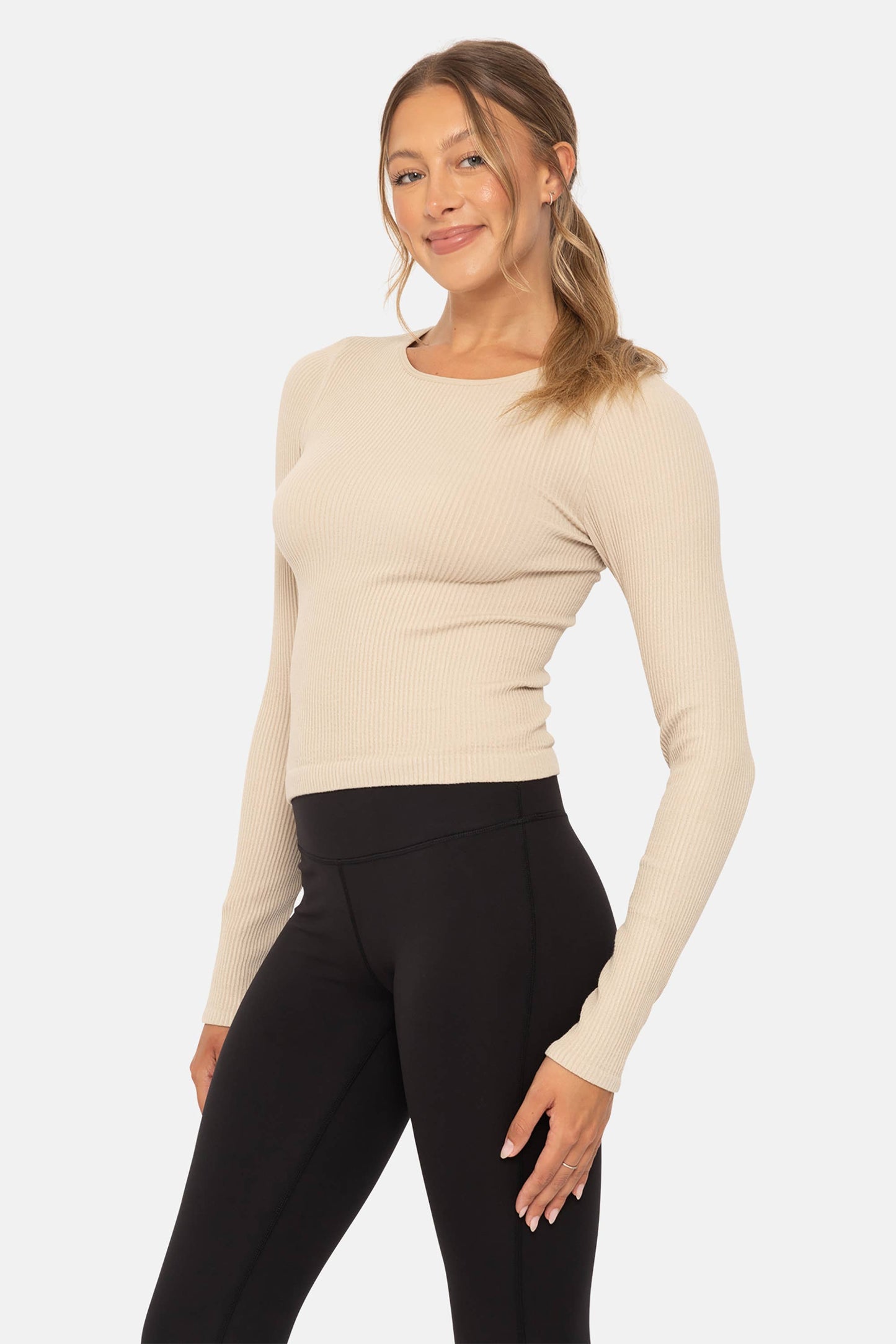 Seamless Ribbed Long Sleeve Top: OAT MILK