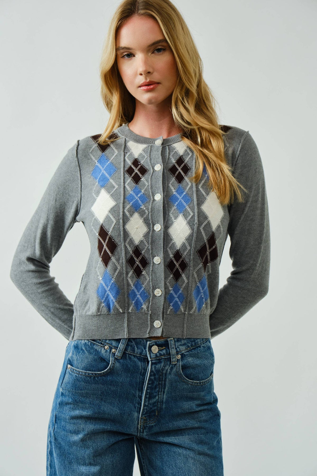 Aaron & Amber - AJT5092 RELAXED FIT ARGYLE SWEATER CARDIGAN: TAUPE / L