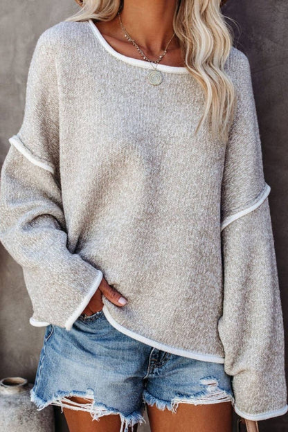 Casual Crew Neck Pullover Long Sleeve Sweater: KHAKI