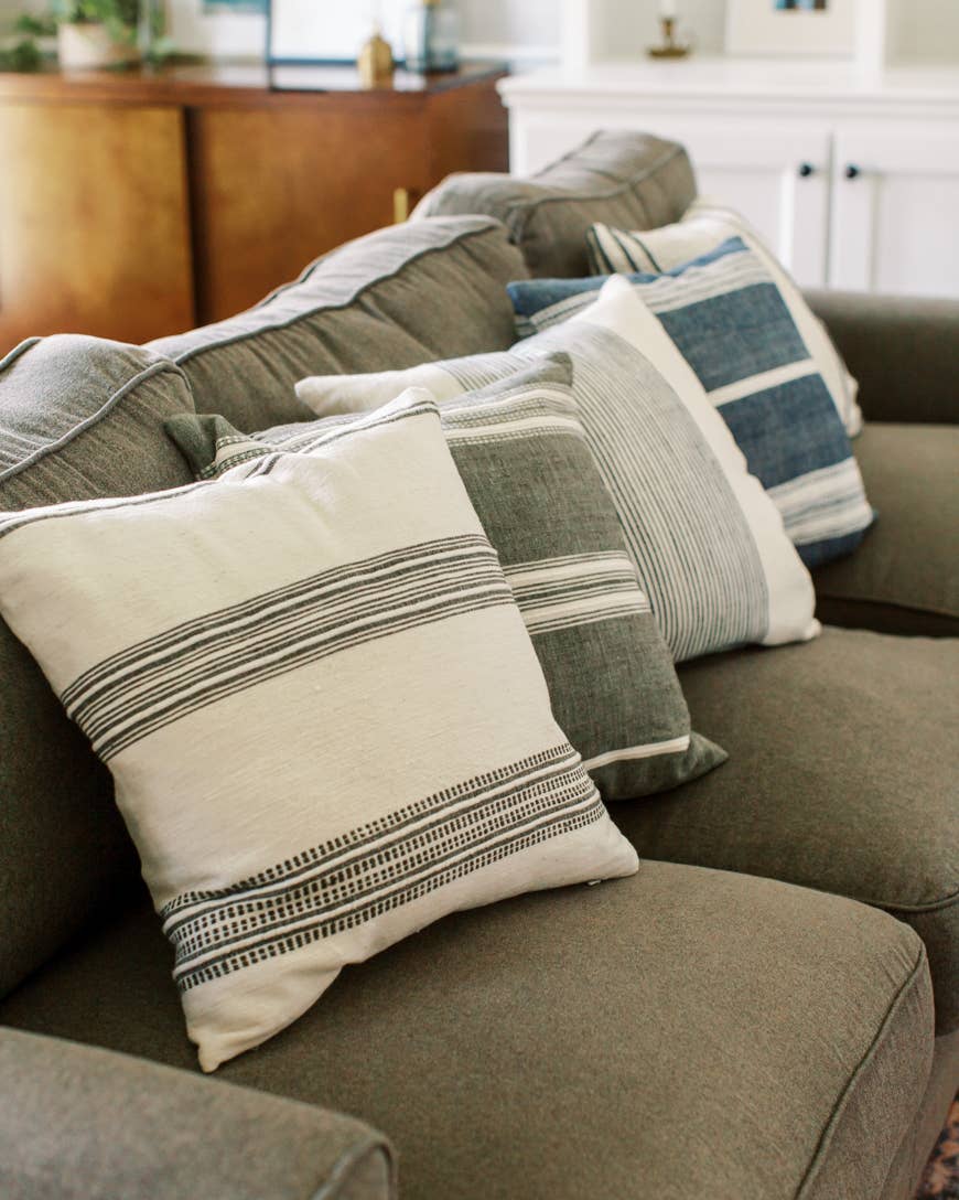 Creative Women - 18" Aden Cotton Throw Pillow Cover: Natural with Navy